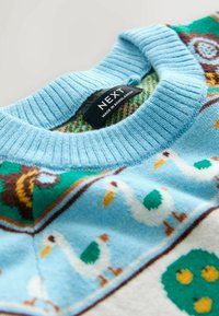 Pulover albastru tricotat cu gât rotund, având un model cu gâște și forme geometrice colorate. Etichetă: NEXT, fabricat în Bangladesh.