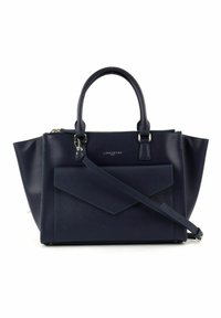 Sac à main en cuir marine avec double poignée, fermeture zip et bandoulière amovible. Dispose d'une poche avant à rabat et d'un logo embossé.