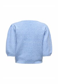 Πλεκτό τοπ σε ανοιχτό γαλάζιο με φουσκωτά μανίκια, στρογγυλή λαιμόκοψη και υφή με ανάγλυφο φινίρισμα, σε άνετη γραμμή. Παρουσίαση από πίσω όψη.