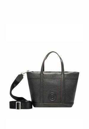 Borsa tote nera in pelle con superficie testurizzata, forma strutturata, doppio manico, tracolla rimovibile e dettaglio con logo impresso.