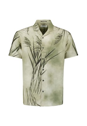 Korte mouw shirt in lichtgroene stof met een bladmotief. Heeft een knoopsluiting aan de voorkant en een ontspannen kraagontwerp.