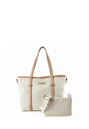 Borsa a mano beige con manici e rifiniture color cuoio, accompagnata da una piccola pochette abbinata con tracolla staccabile, entrambe realizzate in tessuto testurizzato.
