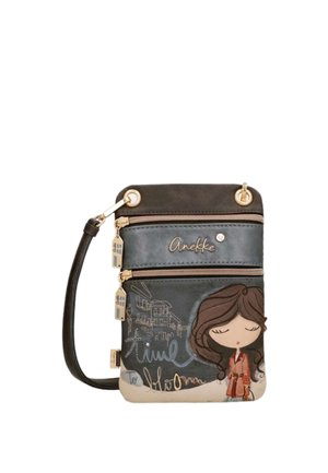 Piccola borsa a tracolla scura con illustrazione di una ragazza dei cartoni animati, due scomparti con zip, tiralampo dorati e il nome del marchio Anekke sul davanti.