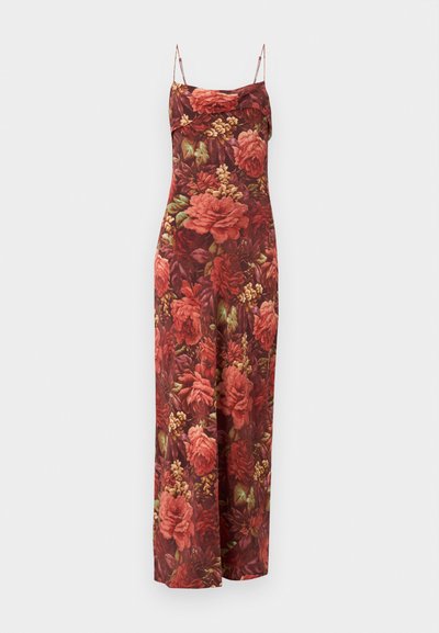 Floral maxi dress featuring a fitted bodice, thin straps, and a vibrant red and green floral pattern against a dark background.