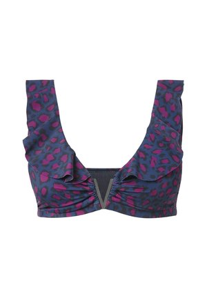 Haut de bikini en imprimé léopard violet et marine avec des bretelles volantées, fronces centrales et détail en V à l'avant. Fabriqué en tissu lisse et extensible.