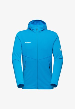 Blaue Mammut-Jacke mit Reißverschluss und Kapuze, mit glatter Textur, flachen Nähten und seitlichen Reißverschlusstaschen. Logo auf der Brust und am Arm.