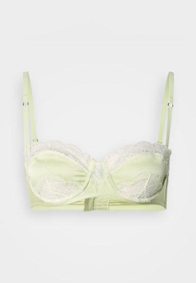Világoszöld melltartó csipke díszítéssel, merevítővel, állítható pántokkal és texturált felülettel. A hátulján kampós és szemletes záródással.