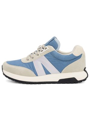 Low-top sneaker with blue fabric and beige suede accents, white side stripe, beige laces, and black rubber sole.