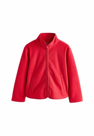 Veste en polaire rouge avec col montant, fermeture éclair intégrale à l'avant, manches longues et deux poches latérales sur fond blanc.