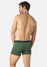 Boxers-briefs verts avec motif texturé, ceinture noire arborant le logo 'Eminence', design ajusté et longueur mi-cuisse.