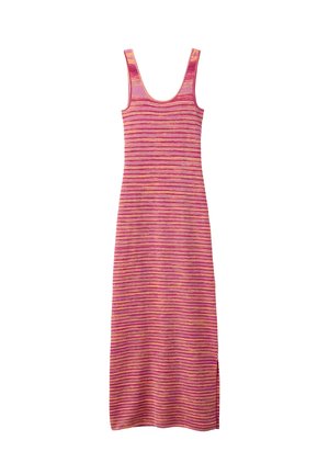 Robe sans manches longueur cheville avec des rayures horizontales dans des nuances de rose, violet et orange, avec un col rond et une fente latérale.