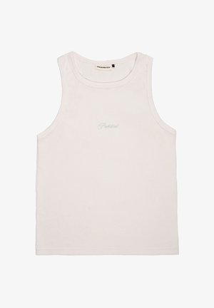 Canotta bianca senza maniche a coste con la scritta "Prohibited" ricamata in piccolo carattere corsivo al centro davanti.