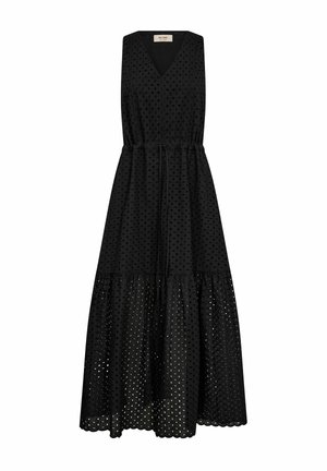 Ärmelloses schwarzes Midikleid mit V-Ausschnitt, Taillenband, Lochstoff mit runden Ausschnitten und gestuftem Rock mit gewelltem Saum.