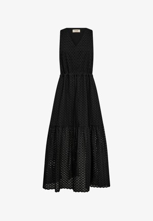 Sleeveless black midi dress with V-neck, tie waist, eyelet fabric with circular cutouts, and tiered skirt with scalloped hem.