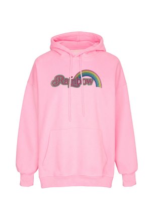 Rosa hættetrøje med forlommer, snore og tekst "Rainbow" broderet sammen med et flerfarvet bueformet regnbuedesign på brystet.