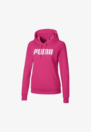Sudadera rosa con capucha ajustable y cordones, bolsillo tipo canguro en la parte frontal y gran logotipo blanco "PUMA" en el pecho. Textura de tela suave.