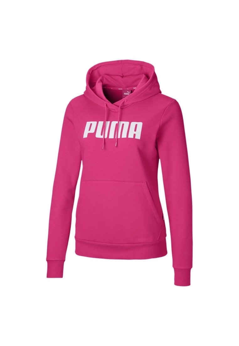 Sudadera rosa con capucha ajustable y cordones, bolsillo tipo canguro en la parte frontal y gran logotipo blanco "PUMA" en el pecho. Textura de tela suave.