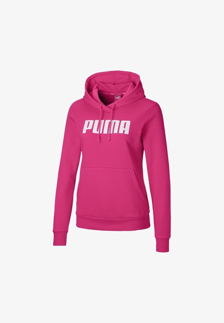 Sudadera rosa con capucha ajustable y cordones, bolsillo tipo canguro en la parte frontal y gran logotipo blanco "PUMA" en el pecho. Textura de tela suave.