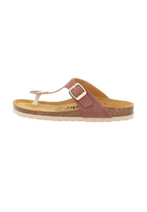 Brown leather flip-flop sandal with a toe post, adjustable strap, gold buckle, cork footbed, and a textured rubber sole.