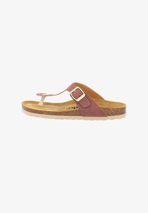 Braune Lederflip-Flopsandale mit Zehentrenner, verstellbarem Riemen, goldener Schnalle, Korkfußbett und strukturiertem Gummisohle.