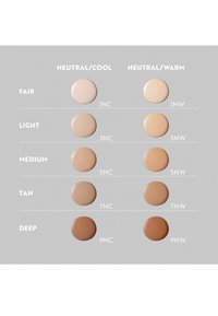 Nuancier de teintes de fond de teint avec des échantillons de couleurs circulaires étiquetés Clair, Lumineux, Moyen, Doré et Foncé, avec des tons Neutre/Froid et Neutre/Chaud.