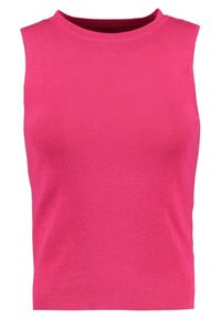 Top sin mangas ajustado hecho de tela acanalada en un brillante color rosa, con un escote alto y una textura suave.