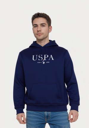 Felpa con cappuccio blu navy, dotata di una tasca frontale, logo "USPA" bianco e texture del tessuto morbida. Cordini al collo per la regolazione.