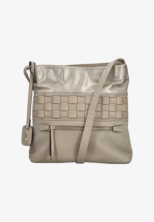 Sac bandoulière beige avec haut métallique, panneau central tissé, poche zippée à l'avant, longue bandoulière et étiquette de marque attachée.