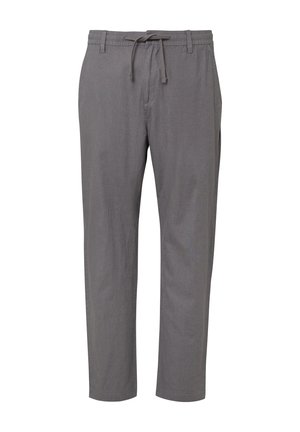 Pantaloni grigi leggeri con vestibilità rilassata, vita elastica e cordoncino regolabile. Texture liscia, senza pattern o hardware visibili.