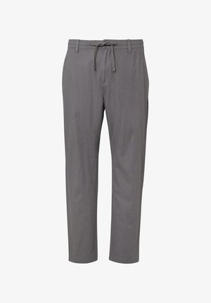 Grijze, lichte broek met een relaxte pasvorm, elastische tailleband en verstelbare koord. Gladde textuur, geen zichtbare patronen of metalen onderdelen.