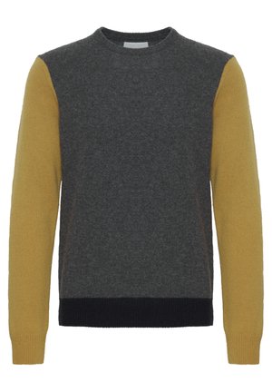 Pilkas vilnonis megztinis su kontrastingais geltonais rankovėmis, juoda banguota apdaila ir klasikinis apvalus kaklas. Minkšta tekstūra ir paprasta dizaino forma.