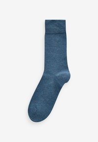 Blue cotton sock with a smooth texture, mid-calf length, and a ribbed cuff. No patterns or additional design elements.