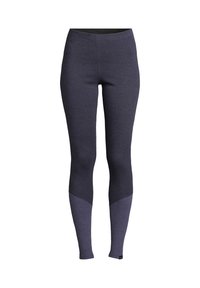 Marineblå leggings med en tætsiddende design. De har en ensfarvet øverste del og et kontrasterende lyslilla panel ved underbenene.