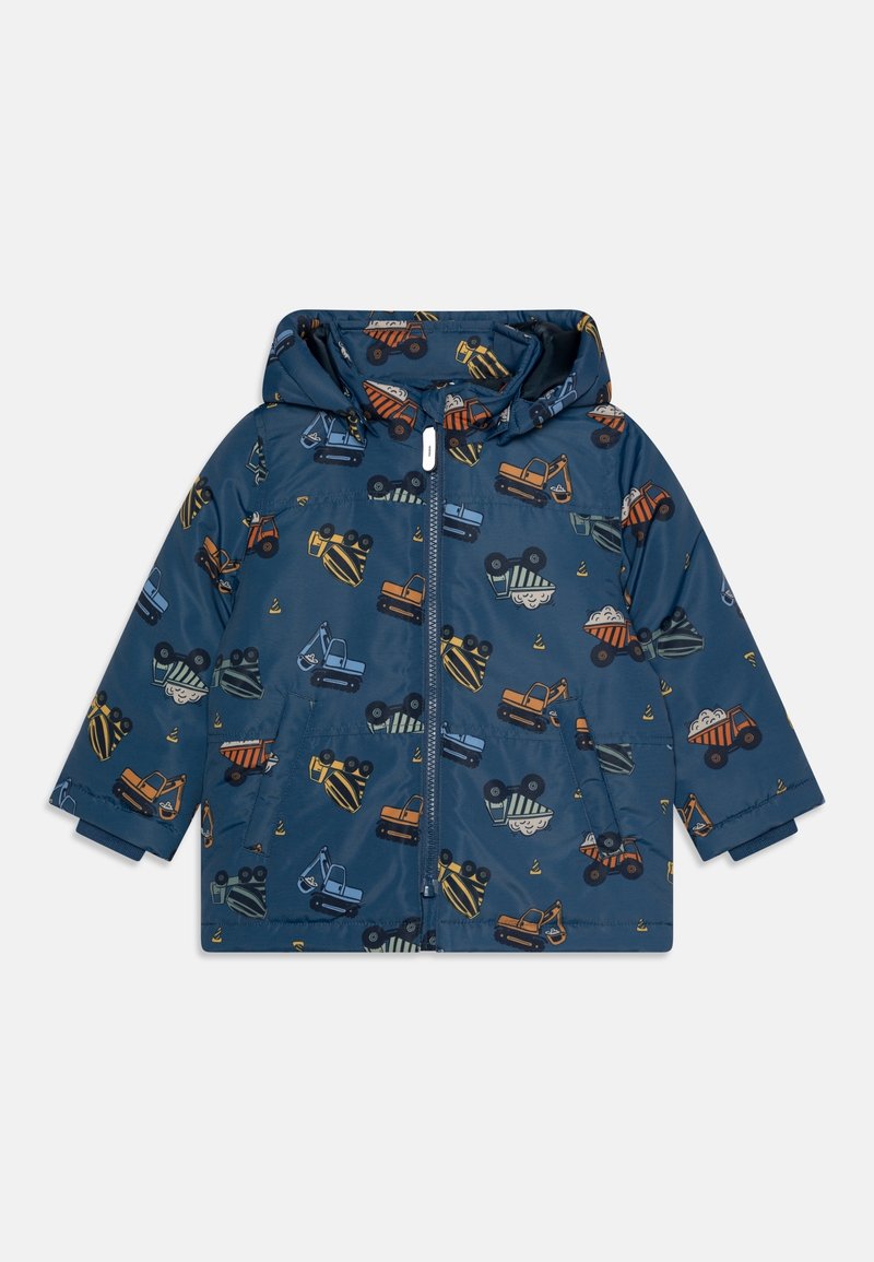 Námořnické modré dětské sako s kapucí, s barevným vzorem stavebních vozidel a dopravních kuželů, přední zip a boční kapsy.