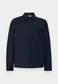 Marineblauw overhemd met lange mouwen van gladde stof, met een knoopsluiting aan de voorkant, een klassieke kraag en een borstzak aan de linkerkant.