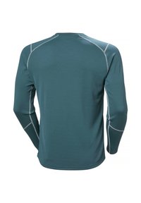 Langarmshirt in teal, met een structuurstof, grijze stiksels en een ronde halslijn. Achteraan is het aansluitende ontwerp zichtbaar.