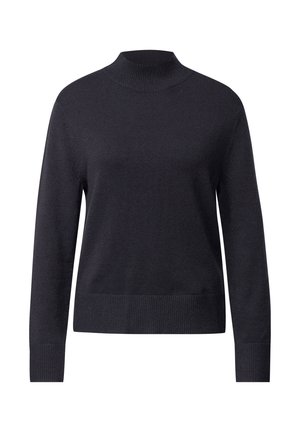 Dunkelgrauer Strickpullover mit hohem Kragen, langen Ärmeln und geripptem Saum. Glatte Textur und einfaches Design, ideal zum Schichten.