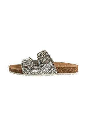 Sandales à semelle en liège avec deux bandes à boucle, ornées d'un motif de strass argenté scintillant sur fond gris et d'une semelle en caoutchouc blanc.