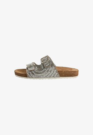 Kurk voetbed sandaal slides met twee gespbanden, met een glinsterend zilveren rhinestone patroon op een grijze achtergrond en een witte rubberen zool.