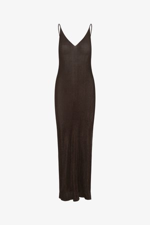 Méretlen, sötétbarna bordázott maxi ruha vékony vállpántokkal és V-nyakkivágással.
