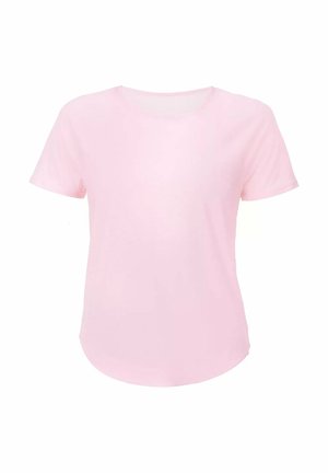 Lichtroze T-shirt met korte mouwen en ronde hals, met een licht gebogen zoom, getoond op een witte achtergrond.