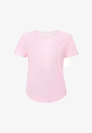 Lichtroze T-shirt met korte mouwen en ronde hals, met een licht gebogen zoom, getoond op een witte achtergrond.