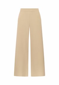 Pantaloni beige a gamba larga con una texture liscia, vita alta e senza elementi visibili di metalleria. Il design presenta un aspetto minimalista.