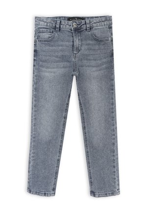 Jeans in denim blu con un design a gamba dritta, dotati di una tasca frontale, passanti per cintura e chiusura con bottone. La leggera sfumatura conferisce texture.
