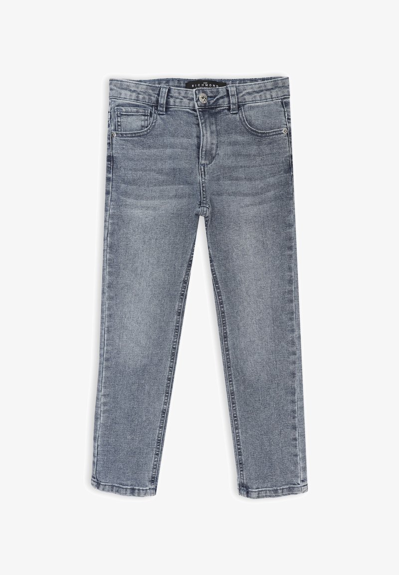 Jeans in denim blu con un design a gamba dritta, dotati di una tasca frontale, passanti per cintura e chiusura con bottone. La leggera sfumatura conferisce texture.