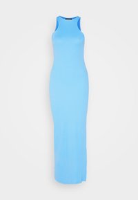 Blue fitted maxi dress made of stretch fabric, featuring a sleeveless design, round neck, and side slit for ease of movement.