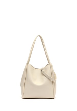 Schultertasche aus cremefarbenem Leder mit zwei langen Trägern und einem verstellbaren Schnallenriemen, dargestellt vor weißem Hintergrund.