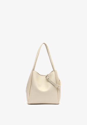 Sac à bandoulière en cuir couleur crème avec deux longues sangles et une sangle réglable avec boucle, présenté sur un fond blanc.