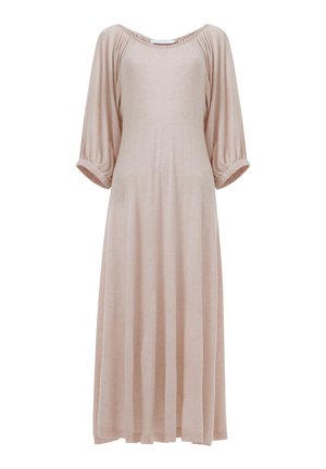 Light pink, knee-length dress with a loose fit, round neckline, and gathered short sleeves. Made from soft, lightweight fabric with a smooth texture.
