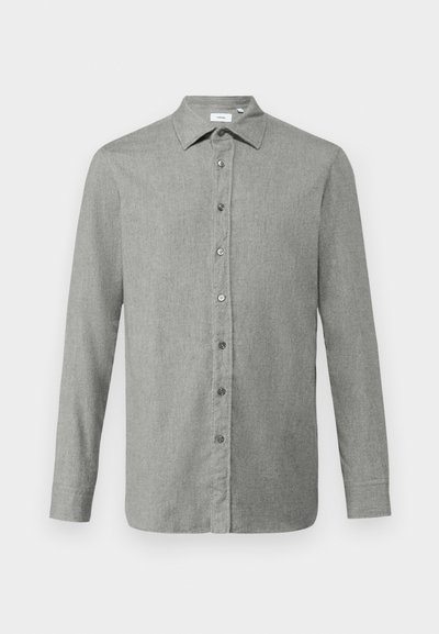 Light gray button-up shirt made from a textured fabric, featuring a classic collar, long sleeves, and gray buttons along the front.